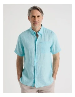 Short Sleeve Linen Shirt in Turquoise