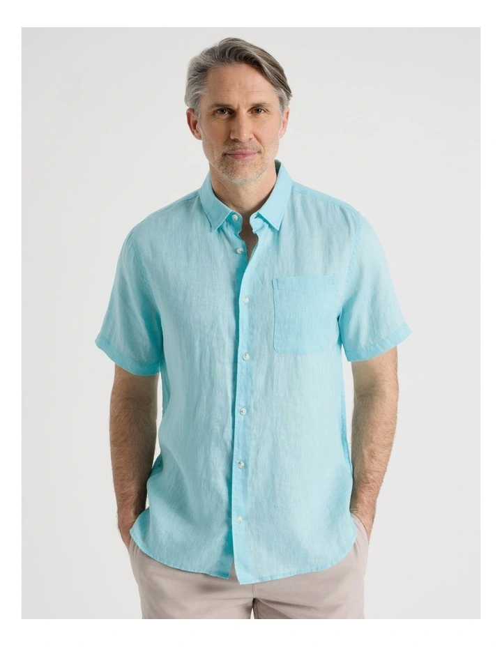 Short Sleeve Linen Shirt in Turquoise image 1