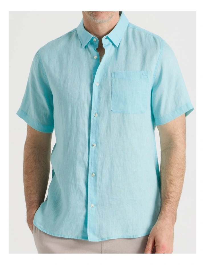 Short Sleeve Linen Shirt in Turquoise image 2