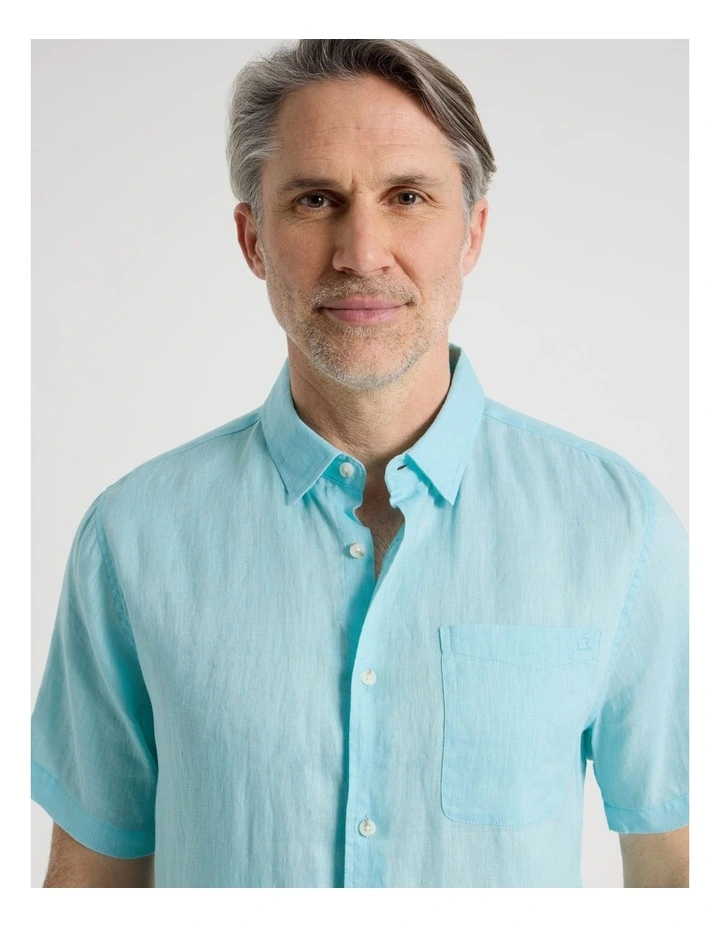 Short Sleeve Linen Shirt in Turquoise image 4