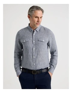 Houndstooth Long Sleeve Linen Shirt in Navy