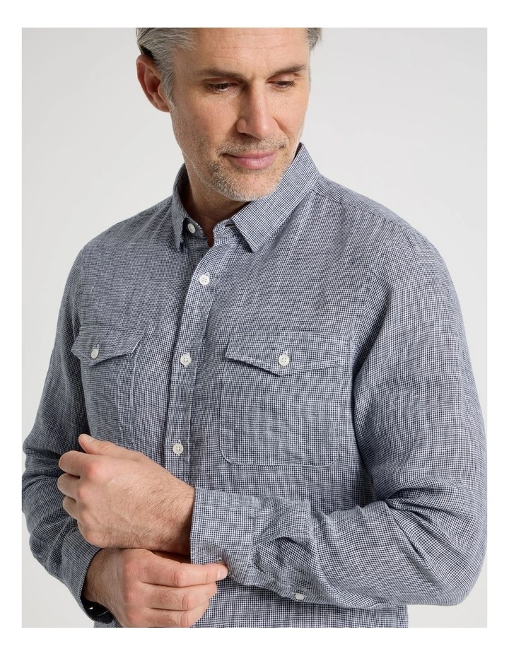 Houndstooth Long Sleeve Linen Shirt in Navy image 3