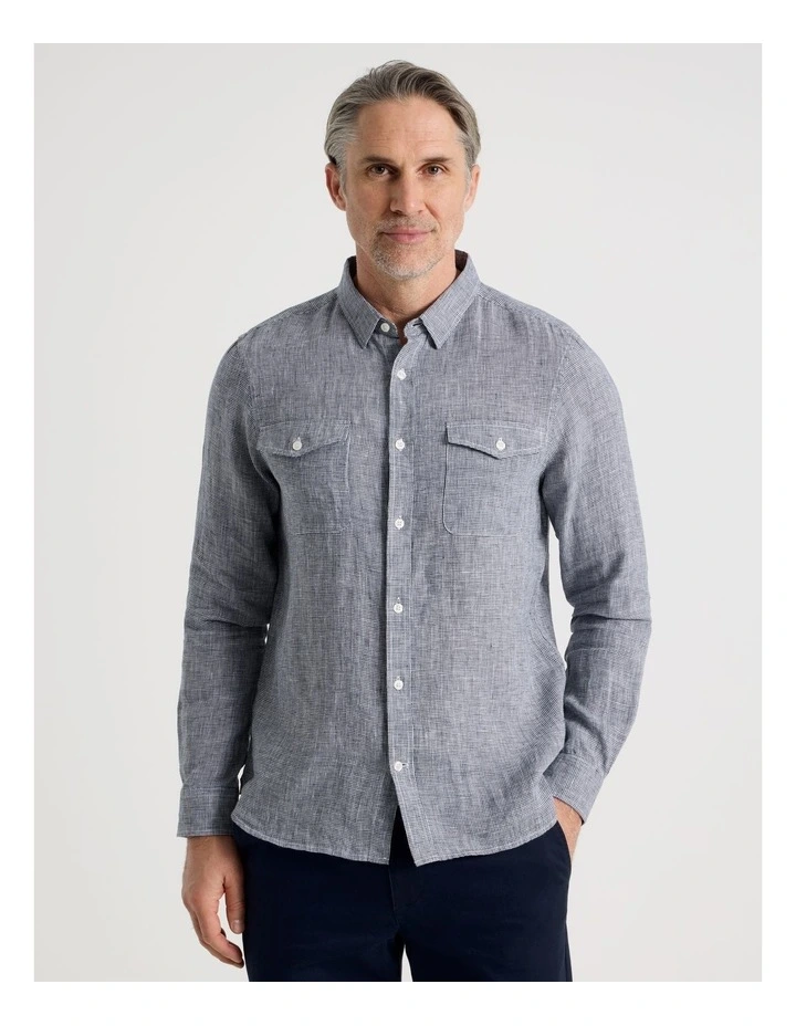 Houndstooth Long Sleeve Linen Shirt in Navy image 4