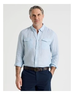 Houndstooth Long Sleeve Linen Shirt in Light Blue