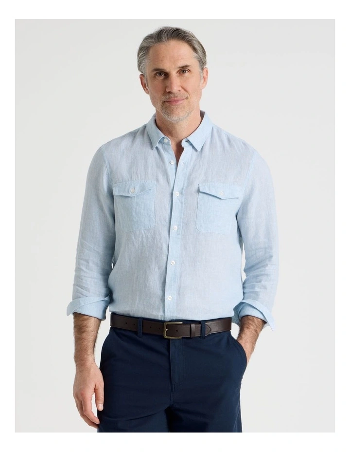 Houndstooth Long Sleeve Linen Shirt in Light Blue image 1