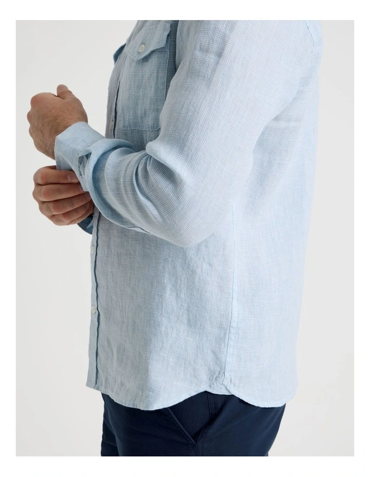 Houndstooth Long Sleeve Linen Shirt in Light Blue image 4