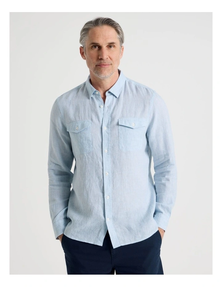 Houndstooth Long Sleeve Linen Shirt in Light Blue image 5