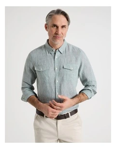 Houndstooth Long Sleeve Linen Shirt in Sage