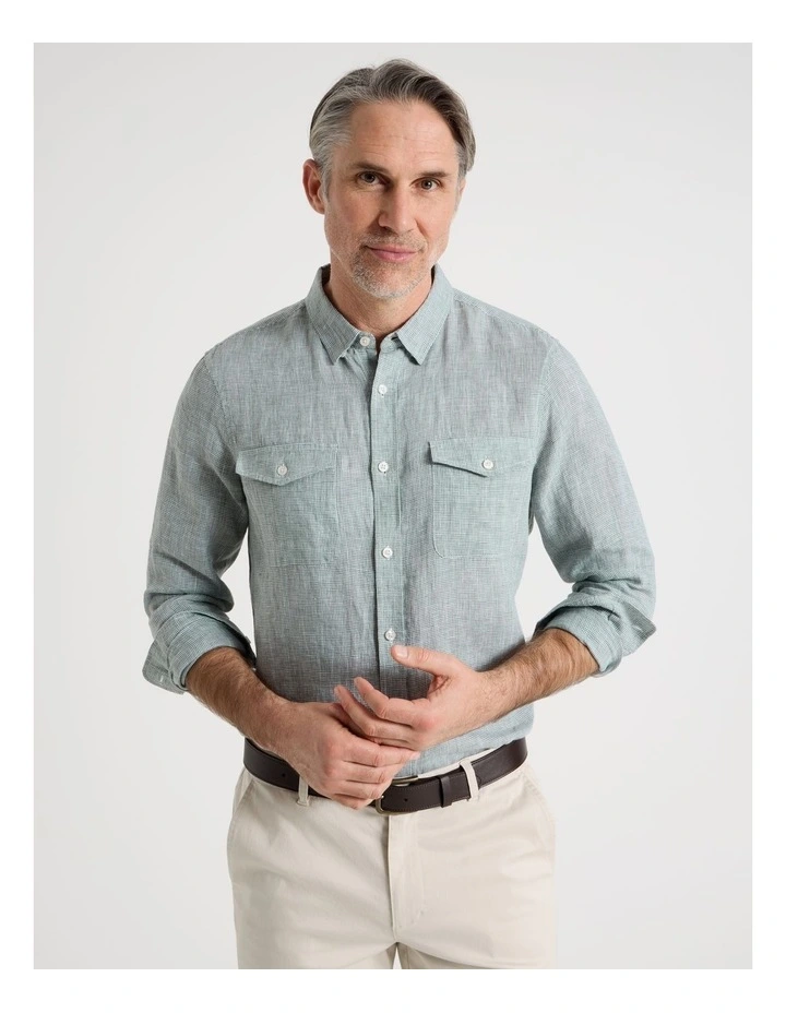 Houndstooth Long Sleeve Linen Shirt in Sage image 1