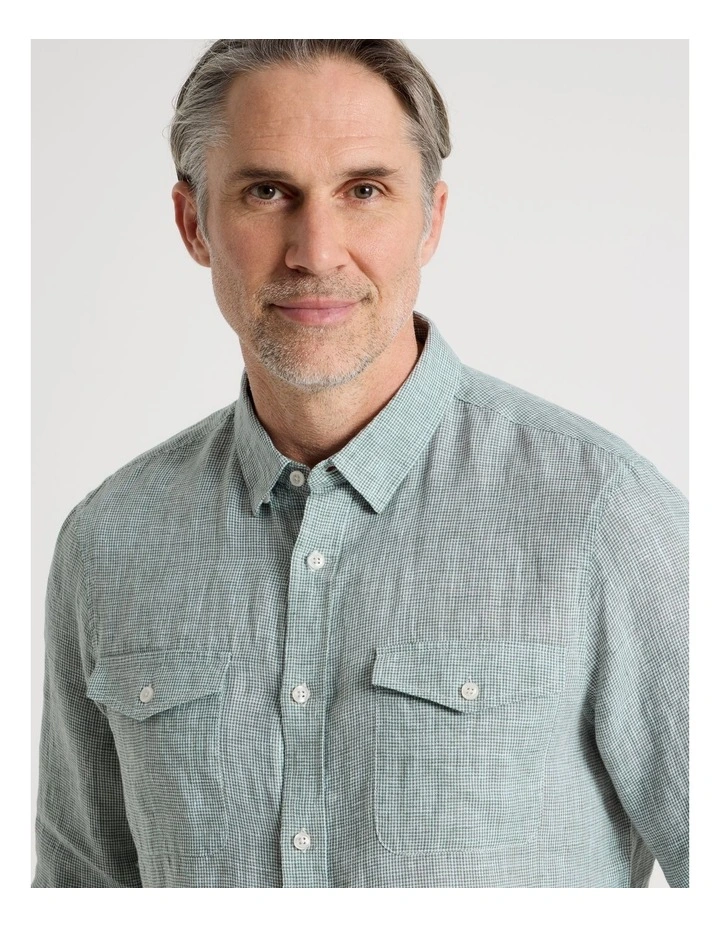 Houndstooth Long Sleeve Linen Shirt in Sage image 2