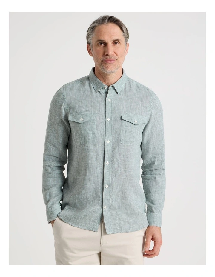 Houndstooth Long Sleeve Linen Shirt in Sage image 4