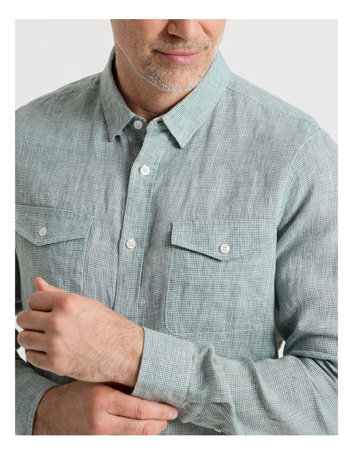 Houndstooth Long Sleeve Linen Shirt in Sage image 5