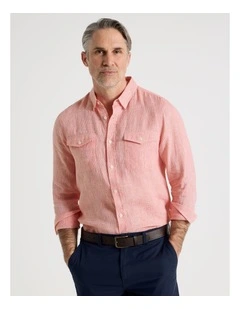 Houndstooth Long Sleeve Linen Shirt in Coral