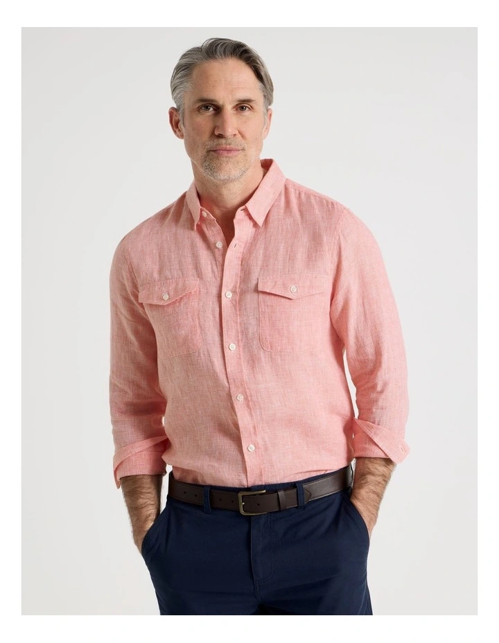 Houndstooth Long Sleeve Linen Shirt in Coral image 1