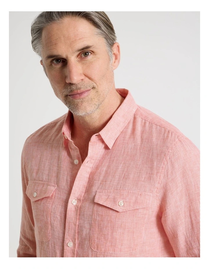 Houndstooth Long Sleeve Linen Shirt in Coral image 3