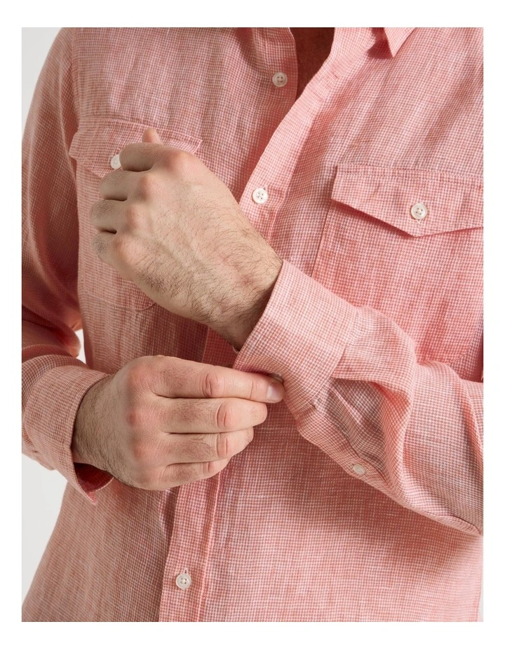 Houndstooth Long Sleeve Linen Shirt in Coral image 4