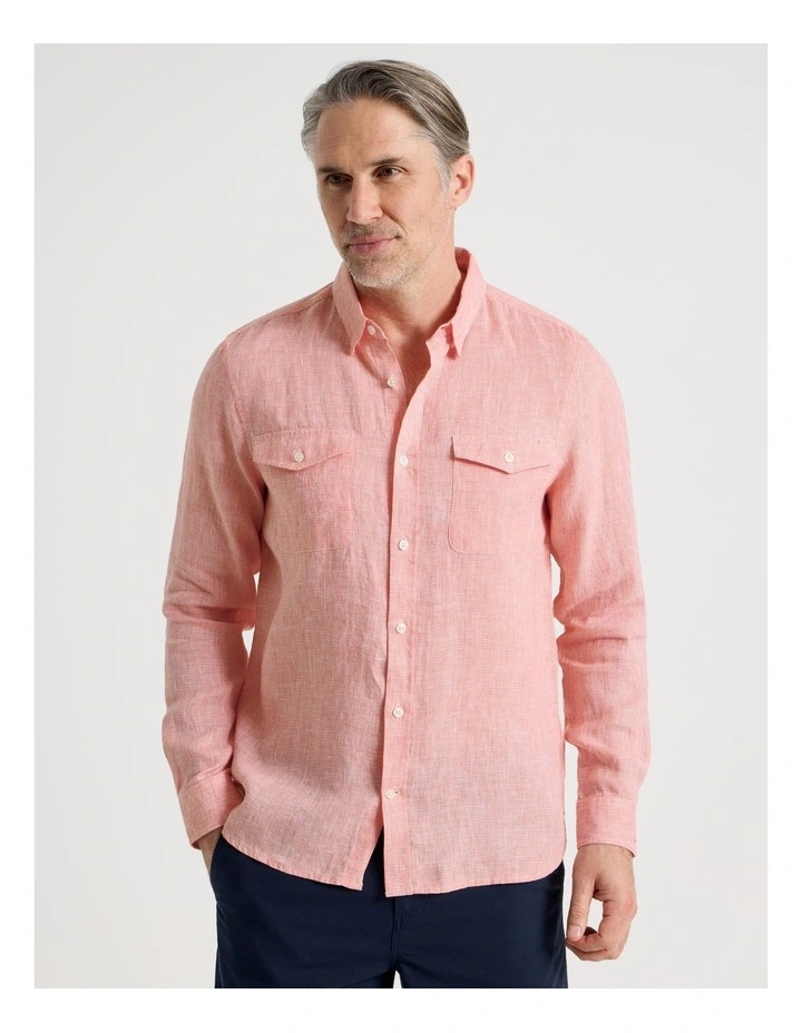 Houndstooth Long Sleeve Linen Shirt in Coral image 5