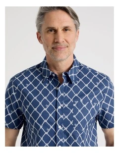 Short Sleeve Shirt in Navy and White Net Print