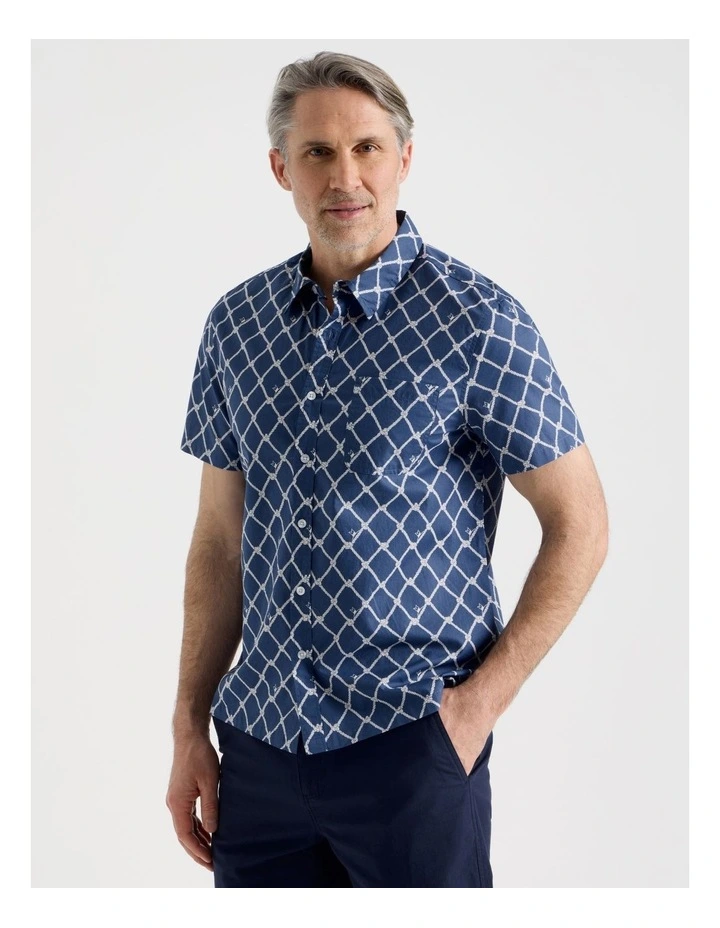 Short Sleeve Shirt in Navy and White Net Print image 3
