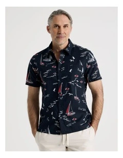Boat Print Short Sleeve Shirt in Navy