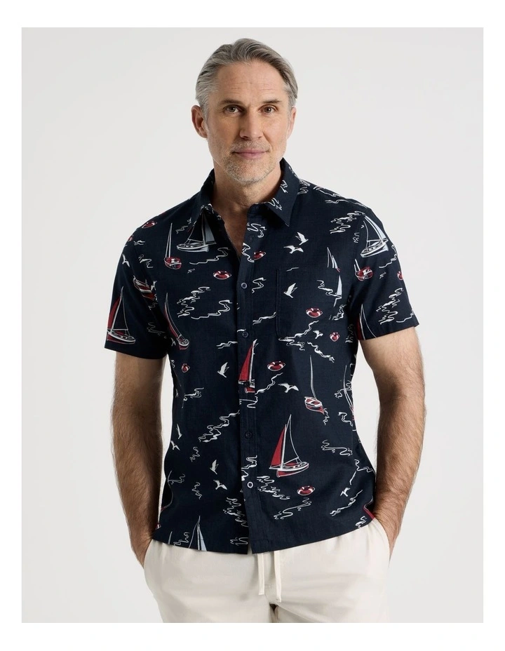 Boat Print Short Sleeve Shirt in Navy image 1