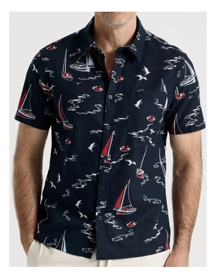 Boat Print Short Sleeve Shirt in Navy image 3