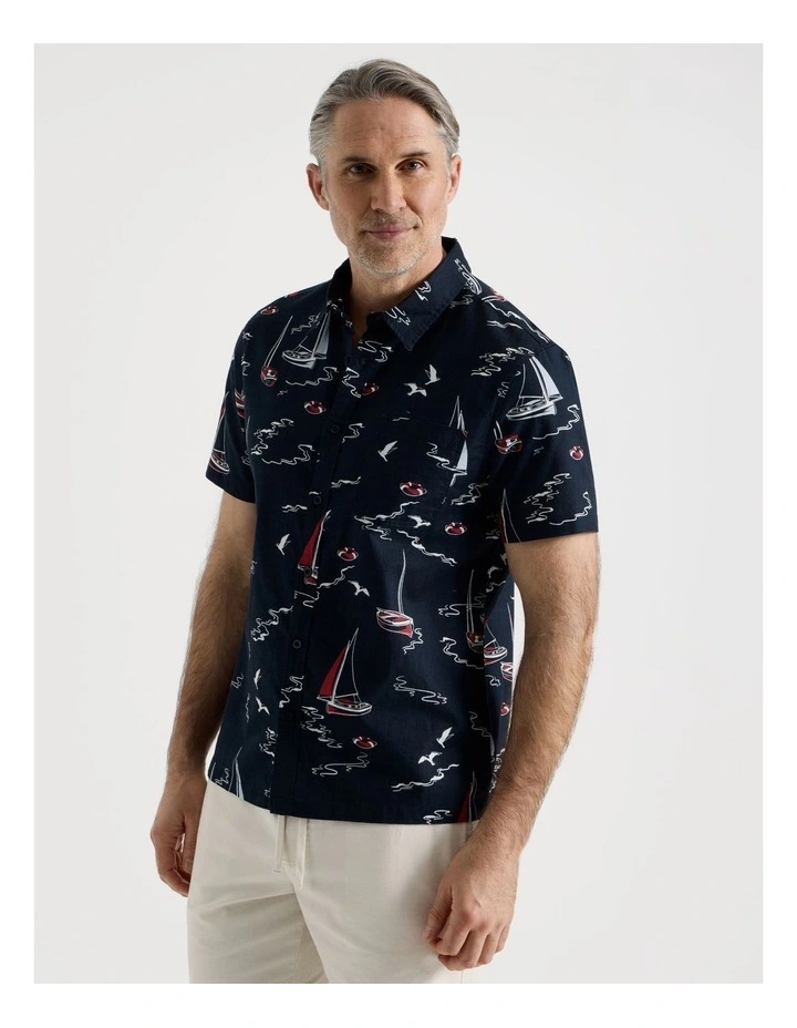 Boat Print Short Sleeve Shirt in Navy image 4