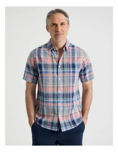 Short Sleeve Linen Blend Shirt in Coral Check