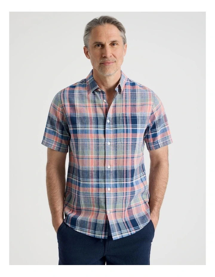Short Sleeve Linen Blend Shirt in Coral Check image 1