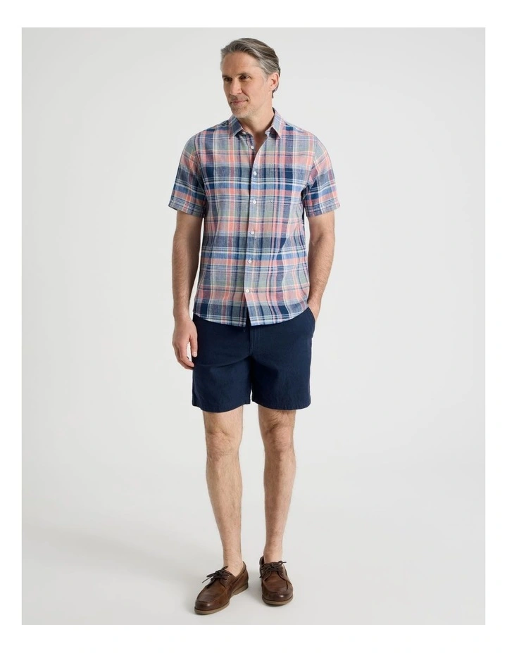 Short Sleeve Linen Blend Shirt in Coral Check image 2