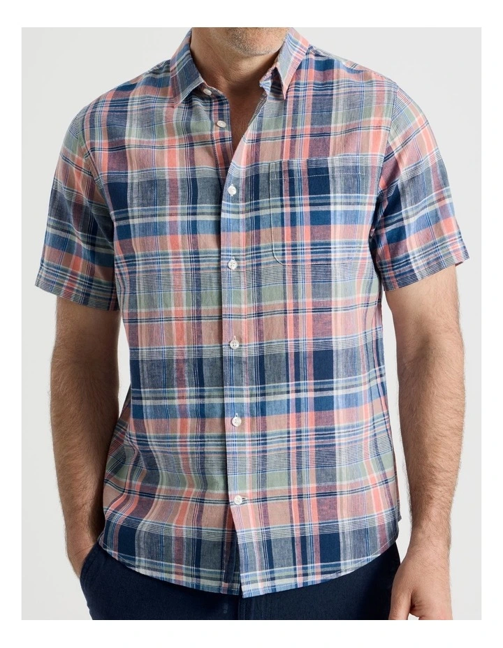 Short Sleeve Linen Blend Shirt in Coral Check image 3