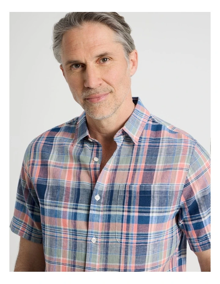 Short Sleeve Linen Blend Shirt in Coral Check image 4