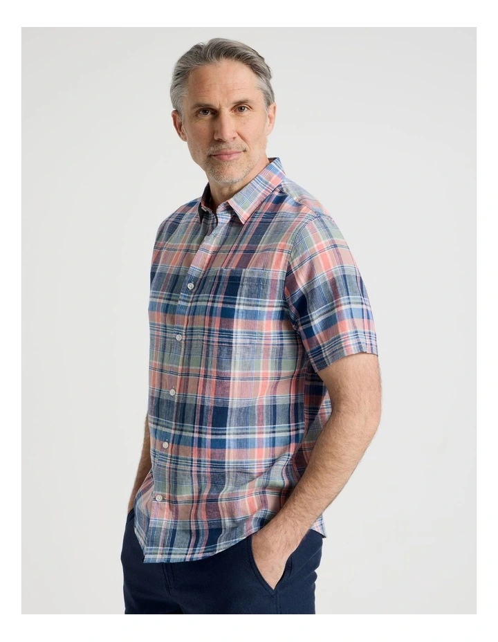 Short Sleeve Linen Blend Shirt in Coral Check image 5