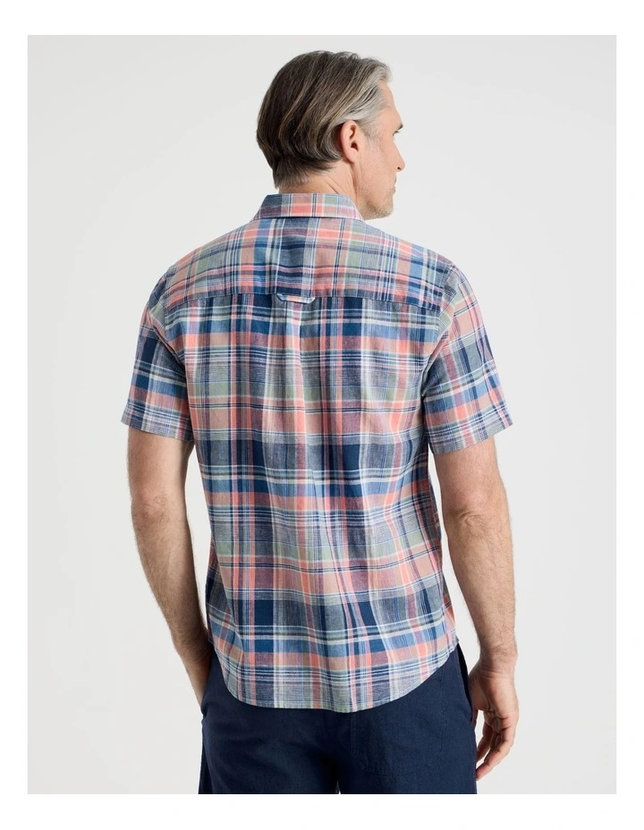 Short Sleeve Linen Blend Shirt in Coral Check image 6