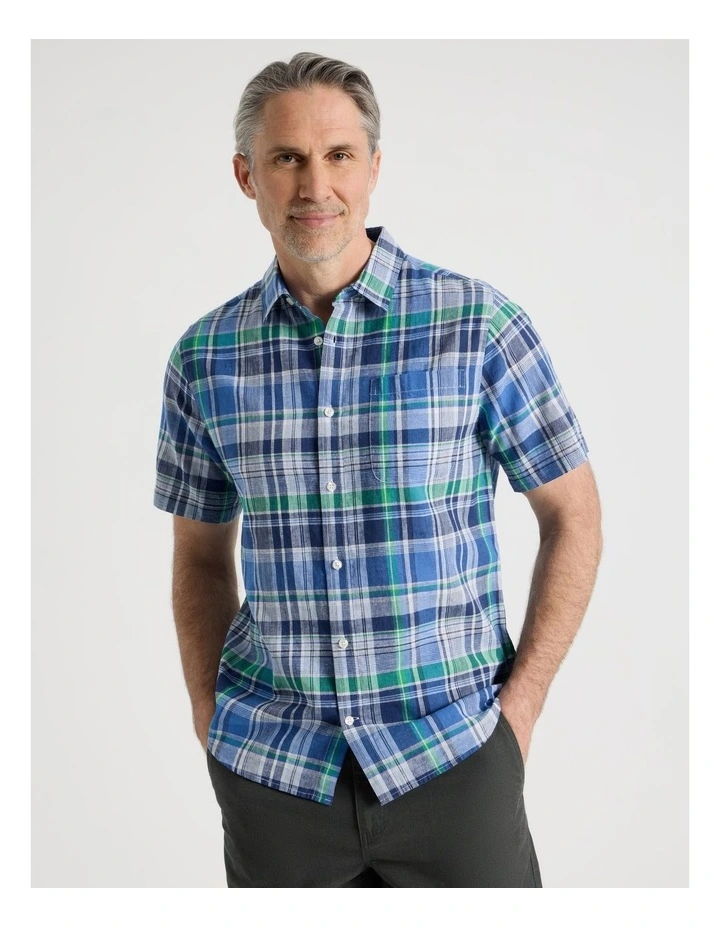 Short Sleeve Linen Blend Shirt in Light Blue Check image 1