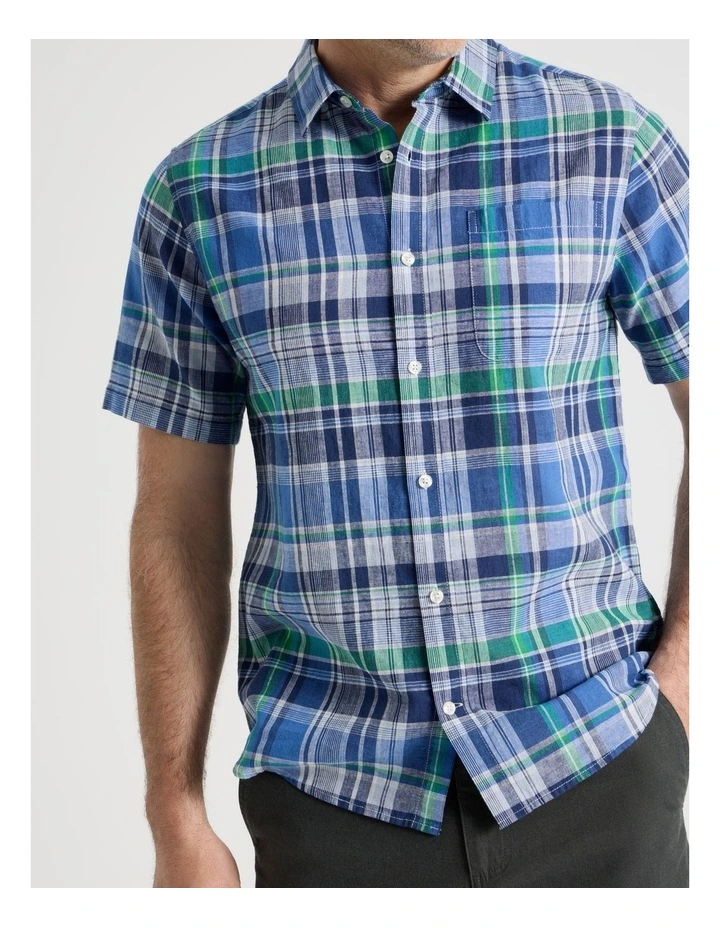 Short Sleeve Linen Blend Shirt in Light Blue Check image 3