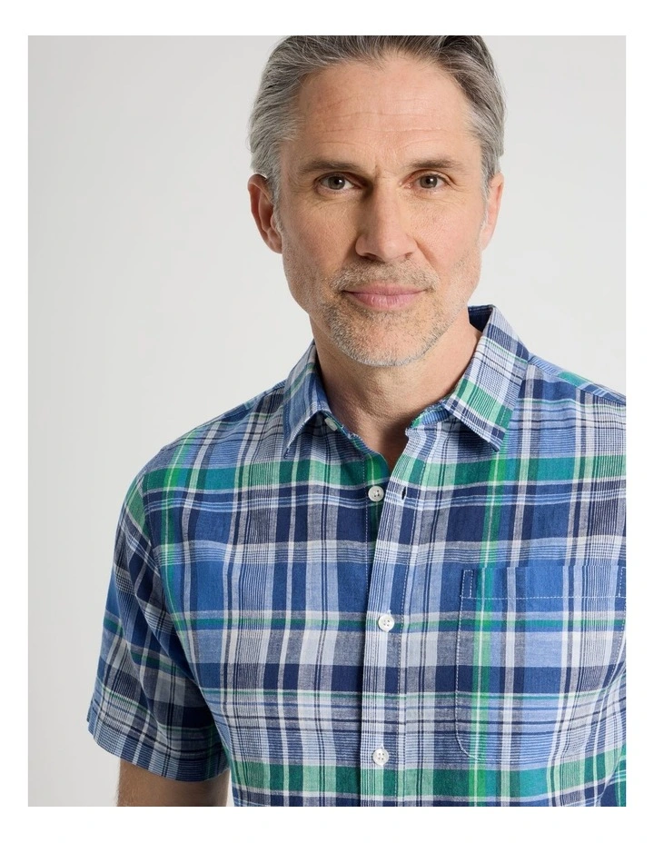 Short Sleeve Linen Blend Shirt in Light Blue Check image 4