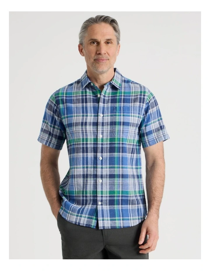 Short Sleeve Linen Blend Shirt in Light Blue Check image 5