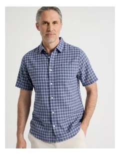 Short Sleeve Linen Blend Shirt in Blue Check
