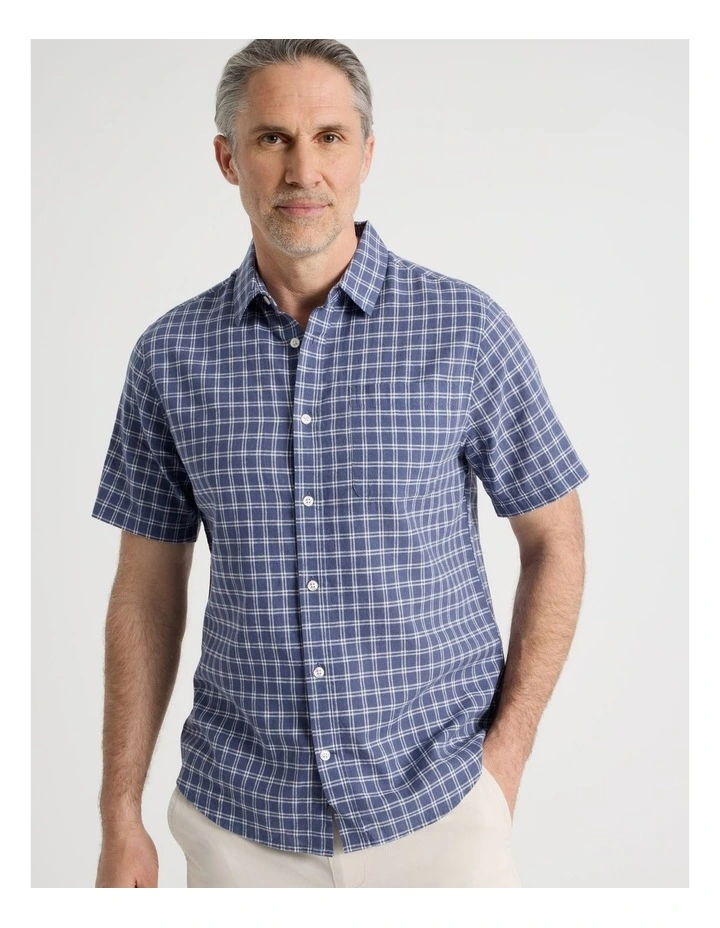 Short Sleeve Linen Blend Shirt in Blue Check image 1