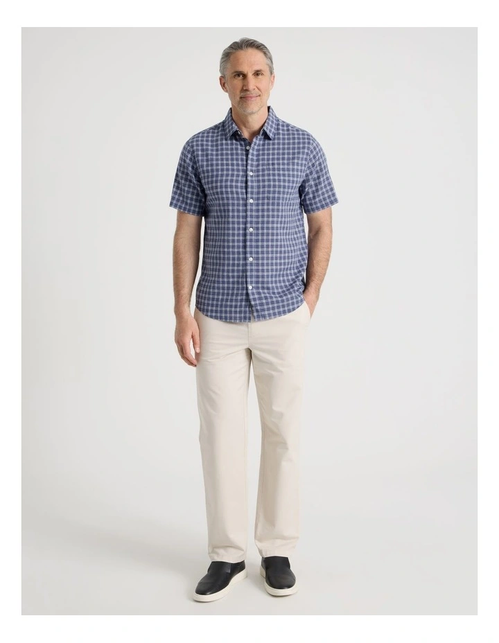 Short Sleeve Linen Blend Shirt in Blue Check image 2