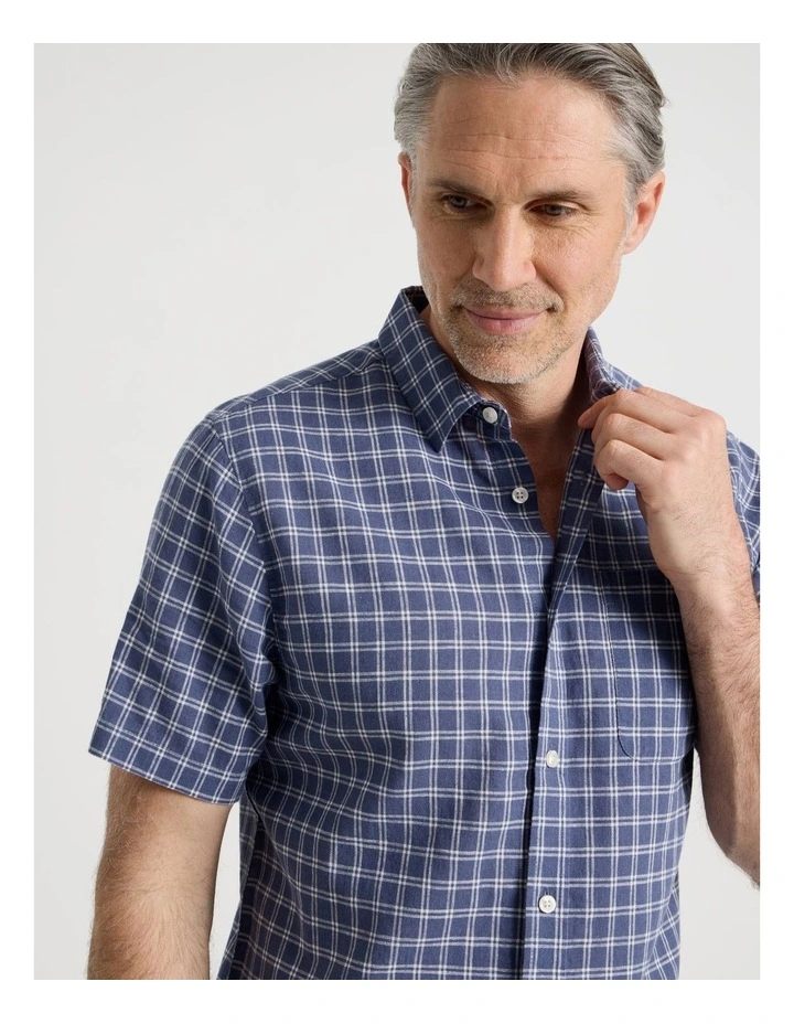 Short Sleeve Linen Blend Shirt in Blue Check image 3