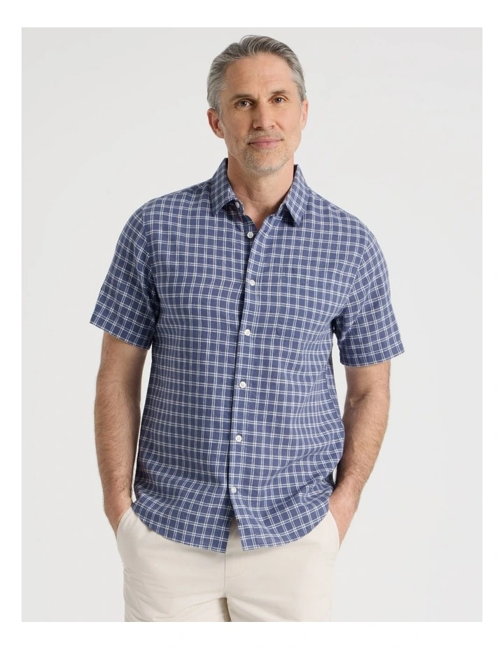 Short Sleeve Linen Blend Shirt in Blue Check image 4