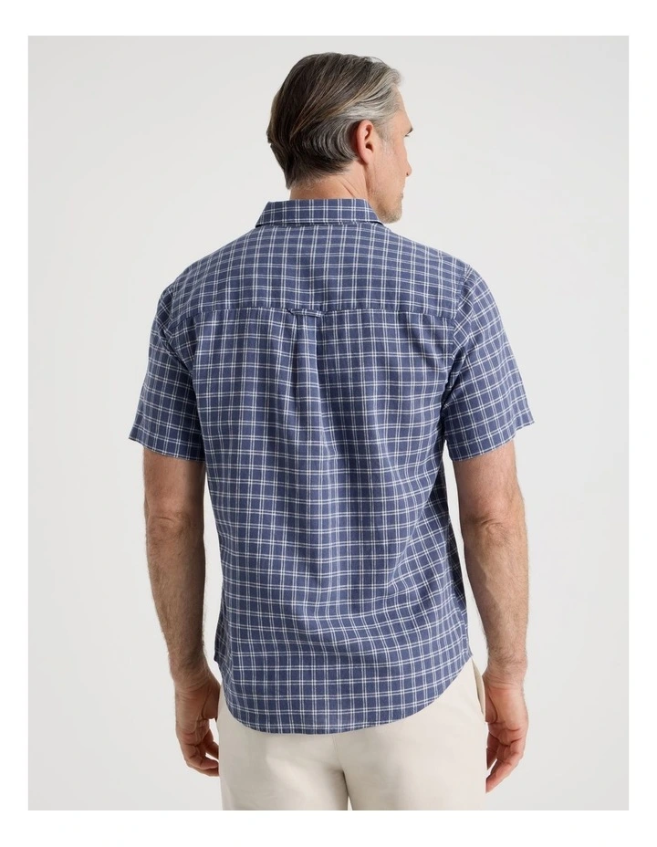Short Sleeve Linen Blend Shirt in Blue Check image 6