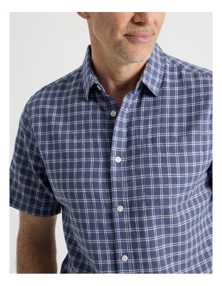 Short Sleeve Linen Blend Shirt in Blue Check image 7