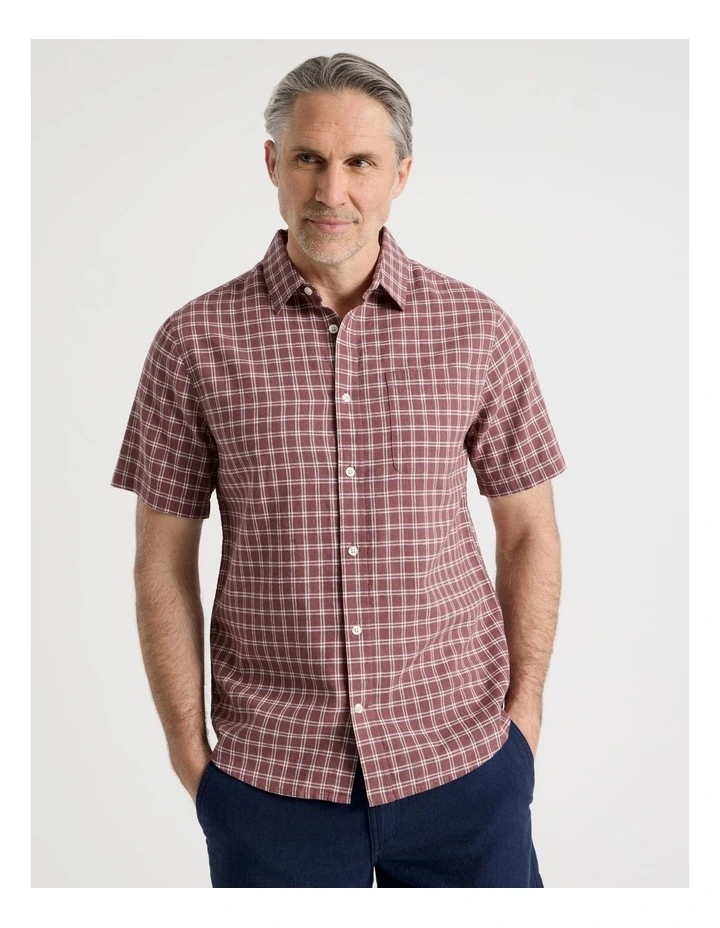 Short Sleeve Linen Blend Shirt in Red Check image 1