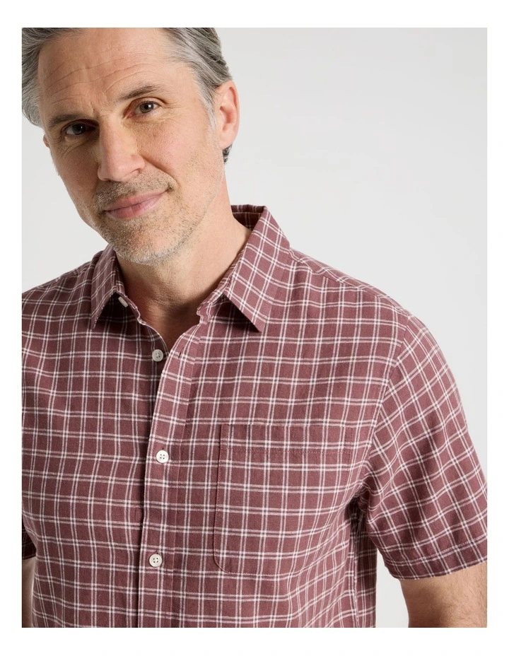 Short Sleeve Linen Blend Shirt in Red Check image 2
