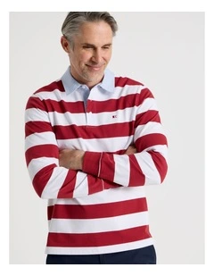 Long Sleeve Rugby Polo in Red Stripe