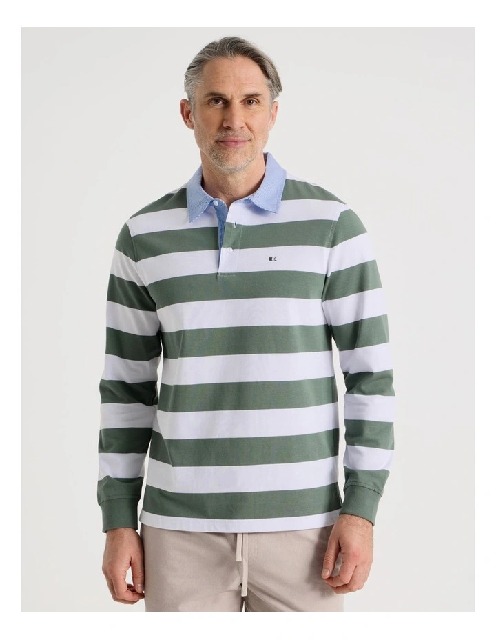Long Sleeve Rugby Polo in Sage Stripe image 2
