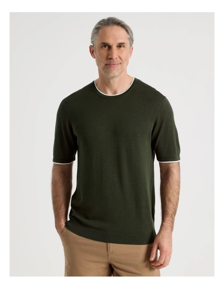Short Sleeve Bamboo Cotton T-Shirt With Contrast Tipping in Khaki image 1